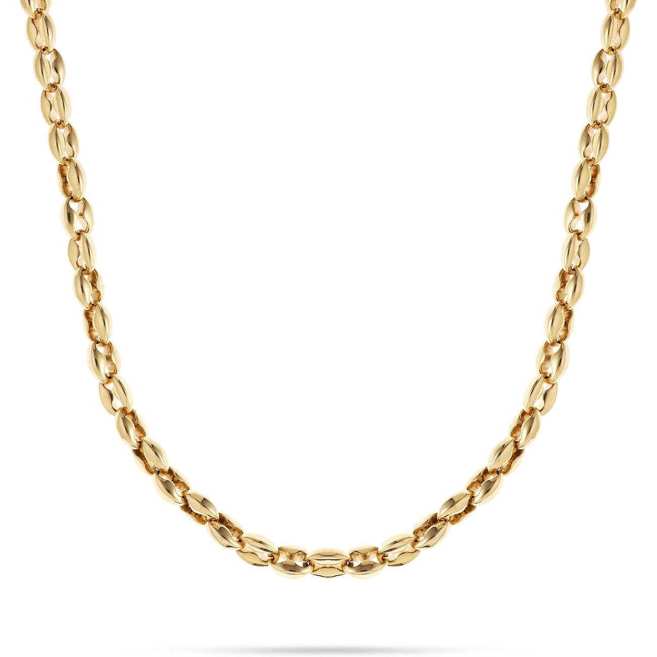 FAVS Halskette aus goldfarbenem Edelstahl. Eine glänzende Kette mit kaffeebohnenartigen Gliedern, mittig gebogen.