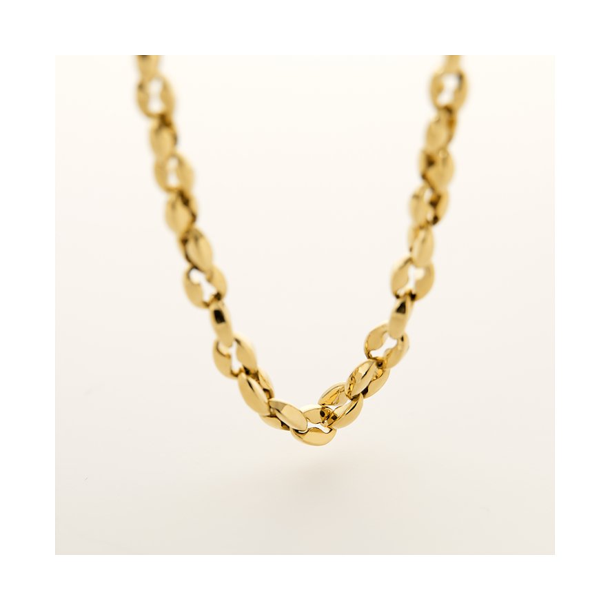 FAVS Halsschmuck aus glänzendem goldfarbenem Edelstahl. Die Kette hat eine detaillierte, engmaschige Struktur.