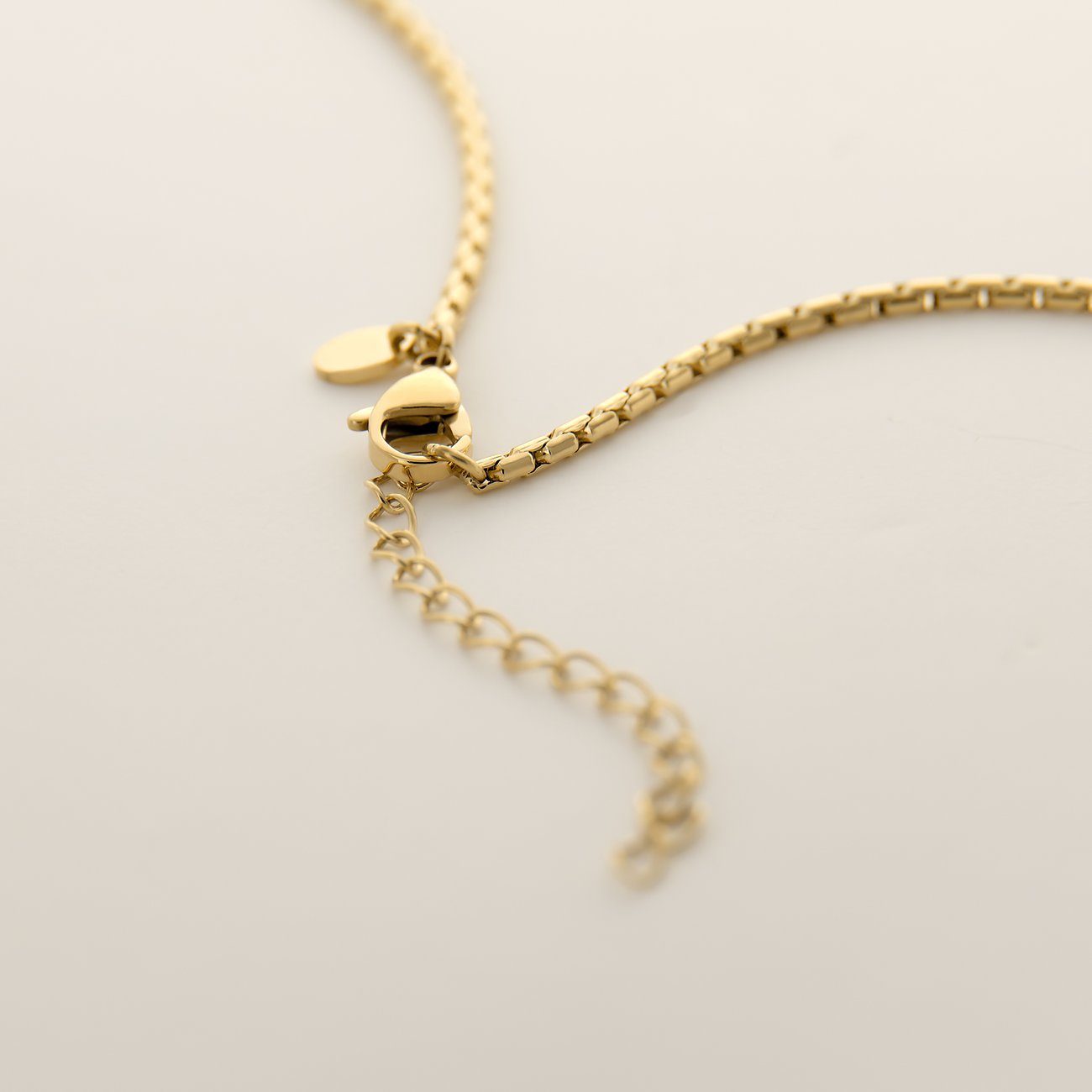 Detailansicht des Karabinerverschlusses und der Verlängerungskette einer goldfarbenen FAVS Halskette aus Edelstahl.