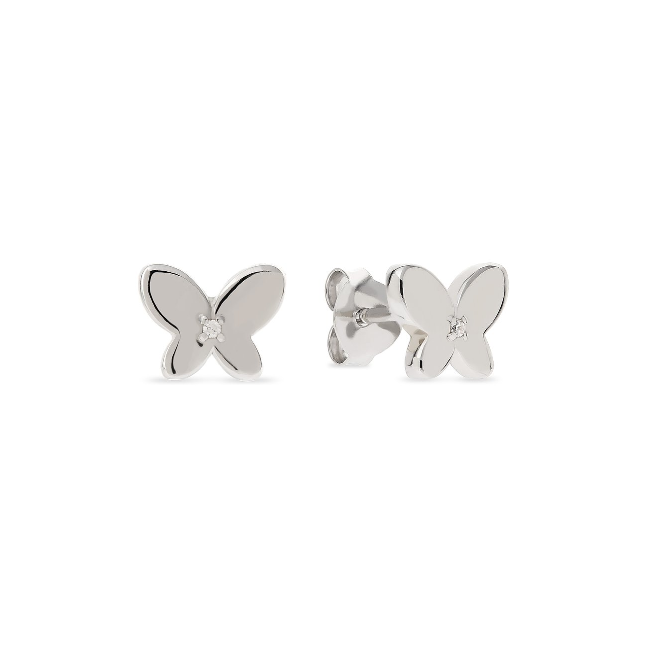 Två FAVS fjärilsörhängen i 925 sterlingsilver med färgade zirkoniastenar, sedda ovanifrån.