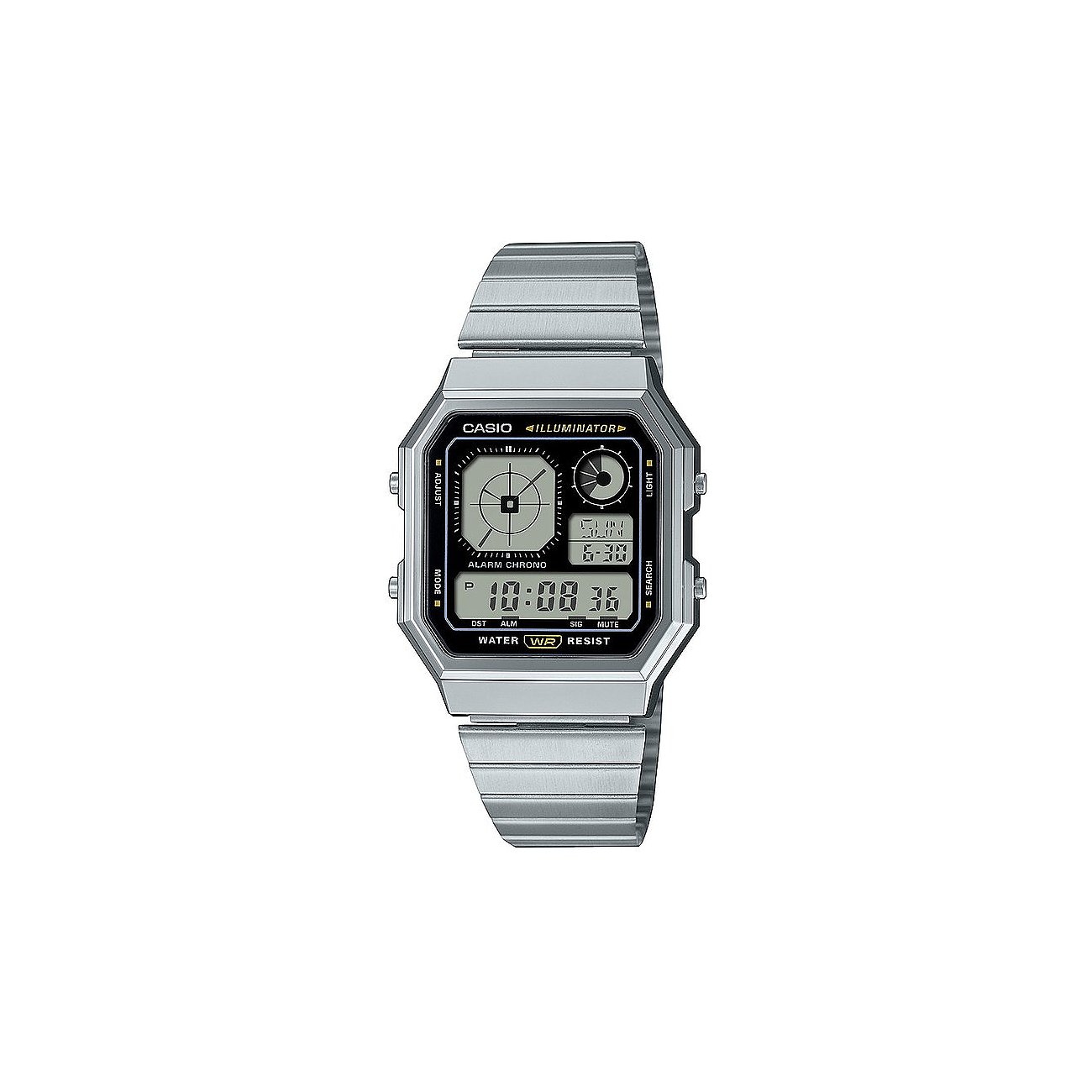 Casio Unisexuhr mit Resin-Gehäuse in Silber, digitaler Anzeige und einem passenden silberfarbenen Metallarmband.