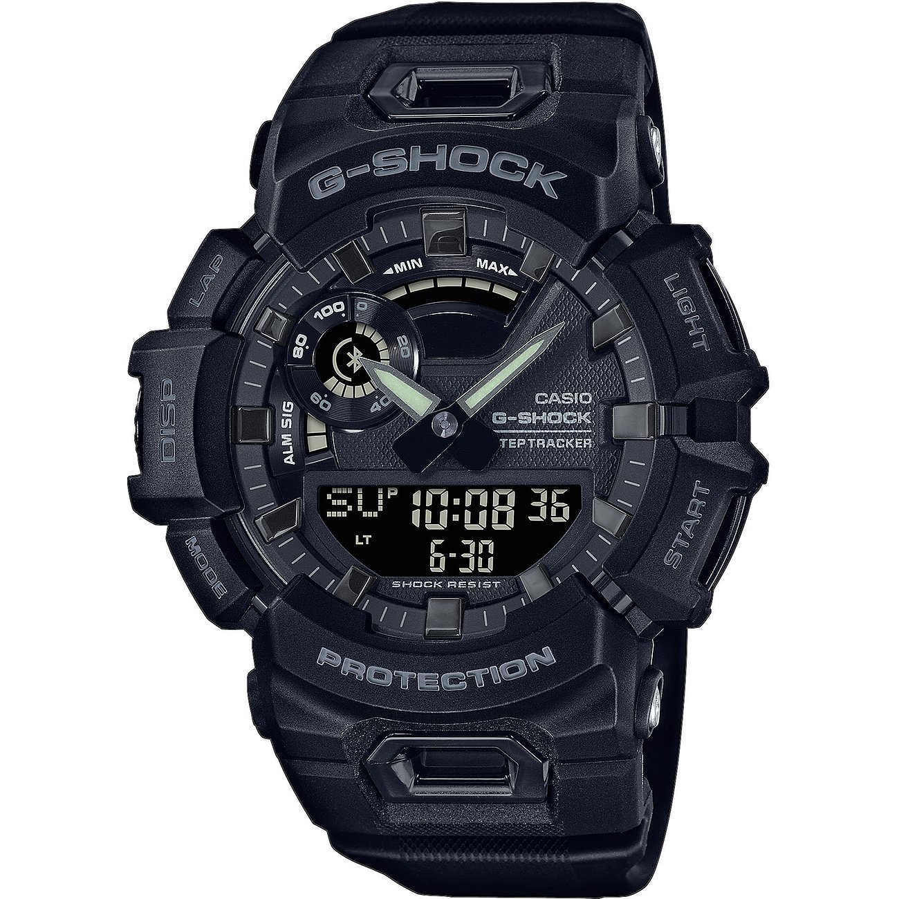 Casio Herrenuhr G-Shock aus Resin in Schwarz mit digitaler und analoger Zeitanzeige auf schwarzem Zifferblatt.