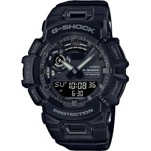 Casio Herrenuhr G-Shock aus Resin in Schwarz mit digitaler und analoger Zeitanzeige auf schwarzem Zifferblatt.