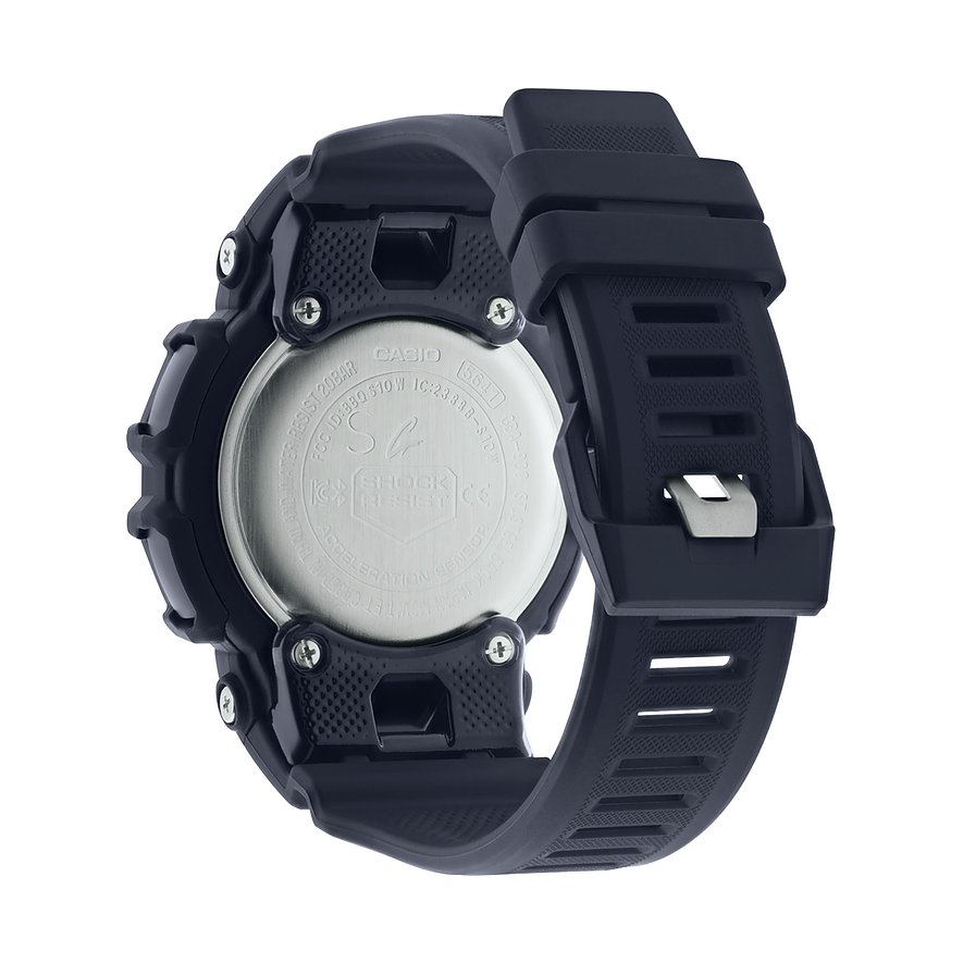 Rückansicht der Casio Herrenuhr aus Resin, die den Uhrenboden mit Details zur Wasserdichtigkeit zeigt.