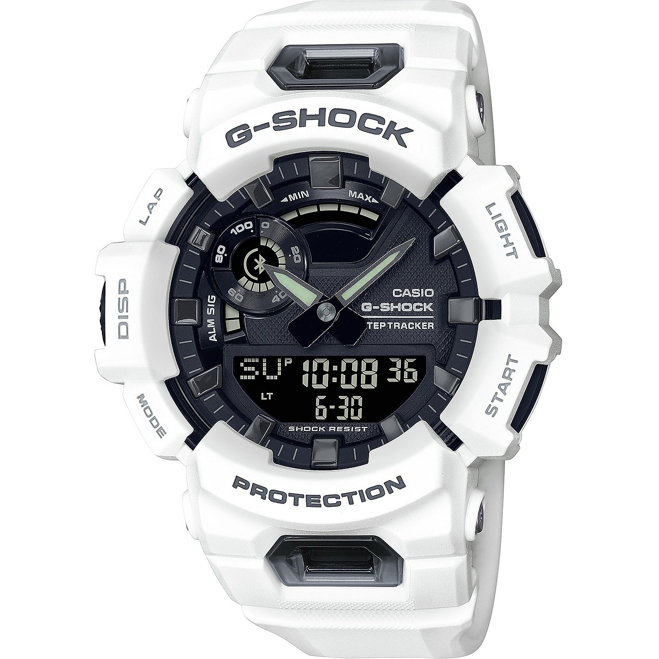 Casio Herrenuhr in Weiß und Schwarz aus Resin mit G-Shock Logo und digitaler Zeitanzeige.