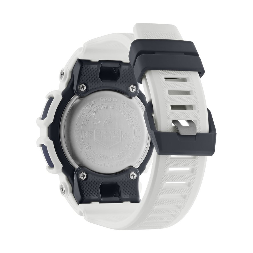 Rückansicht der Casio Herrenuhr aus Resin in Weiß und Schwarz mit eingravierten Details auf der Gehäuserückseite.