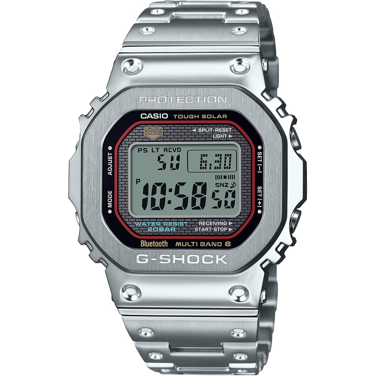 Casio G-Shock Herrenuhr aus Edelstahl in Silber, Frontalansicht mit digitaler Anzeige und schwarzen Details.