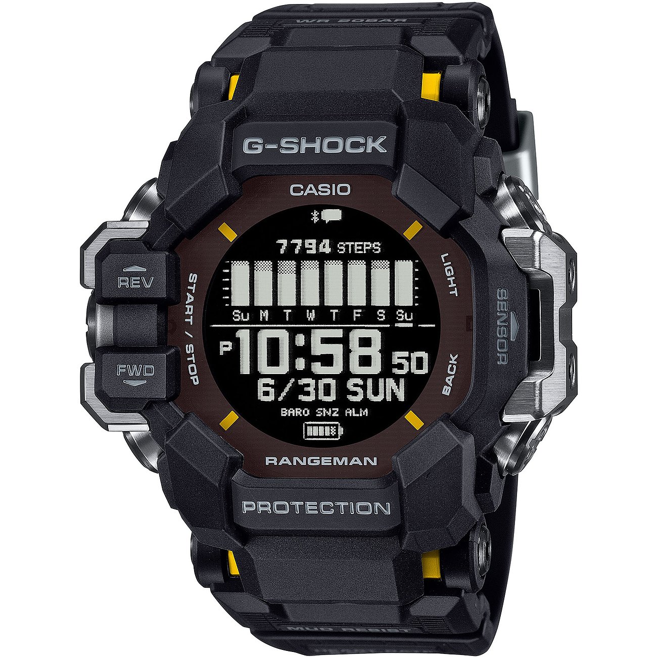 Nahaufnahme einer Casio G-Shock Herrenuhr aus Resin in Schwarz mit braunem Zifferblatt und digitalen Anzeigen.