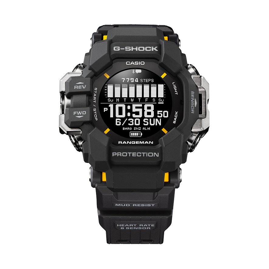 Casio Herrenuhr, ein quadratisches schwarzes Resin-Modell mit digitaler Anzeige, Schritte und Uhrzeit.