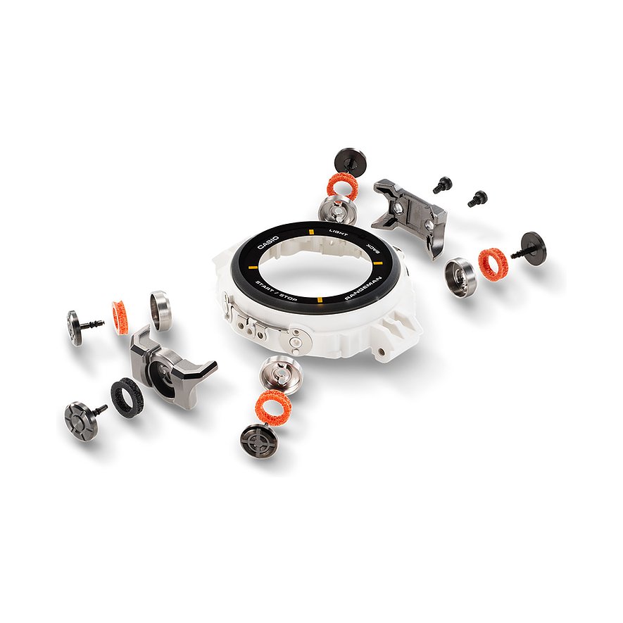 Einzelteile einer Casio Herrenuhr aus Resin, darunter das weiße Gehäuse, schwarzer Ring und orangefarbene Dichtungen.