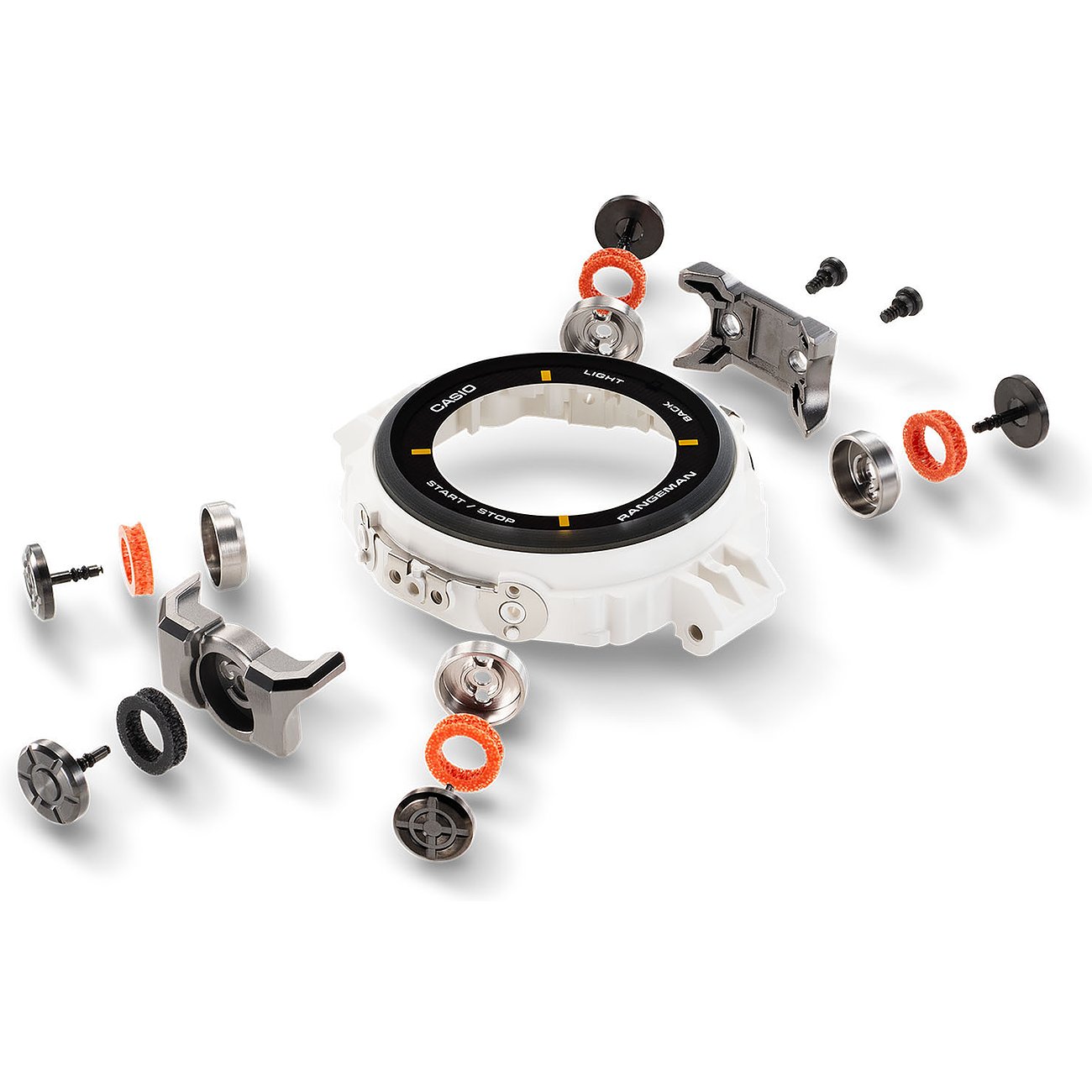 Einzelteile einer Casio Herrenuhr aus Resin, darunter das weiße Gehäuse, schwarzer Ring und orangefarbene Dichtungen.