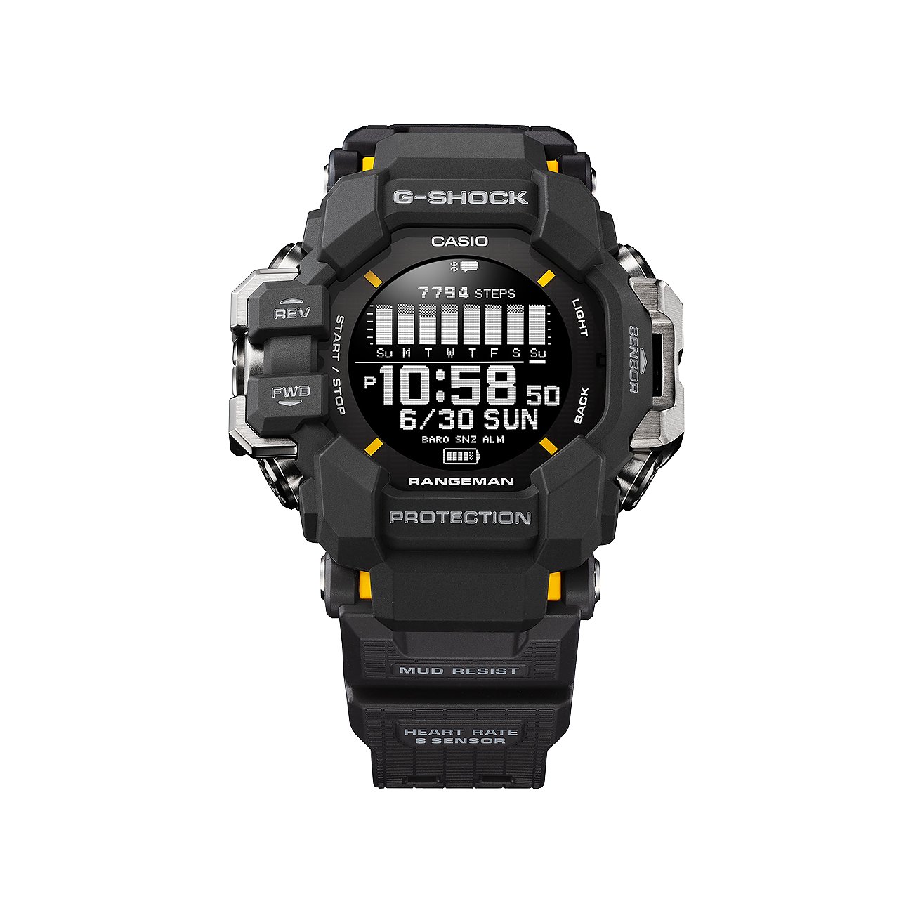 Casio G-Shock Rangeman Herrenuhr aus schwarzem Resin mit orangefarbenen Akzenten und digitalem Zifferblatt.
