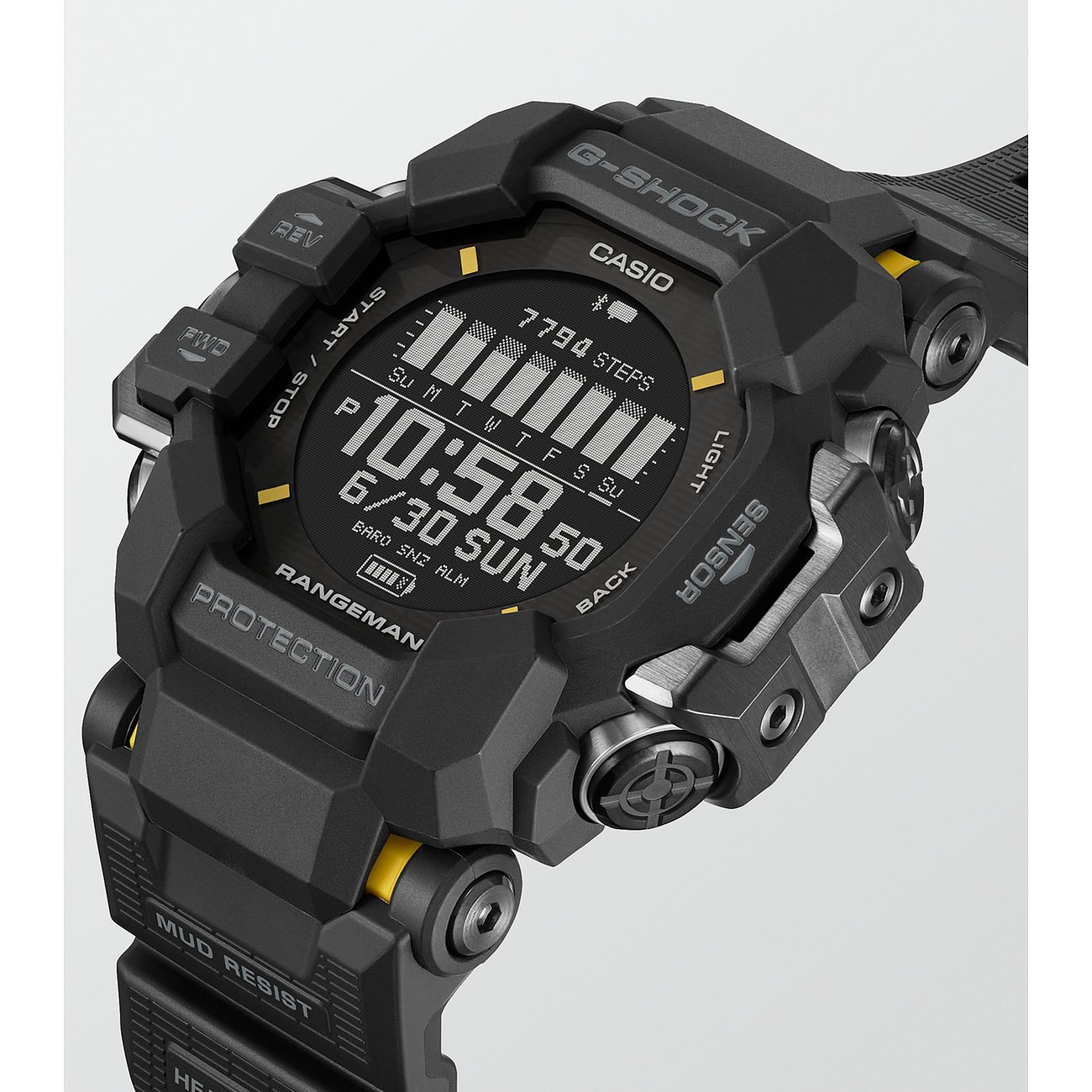 Nahaufnahme einer Casio G-SHOCK Herrenuhr aus Resin in Schwarz und Gelb mit digitaler Anzeige.
