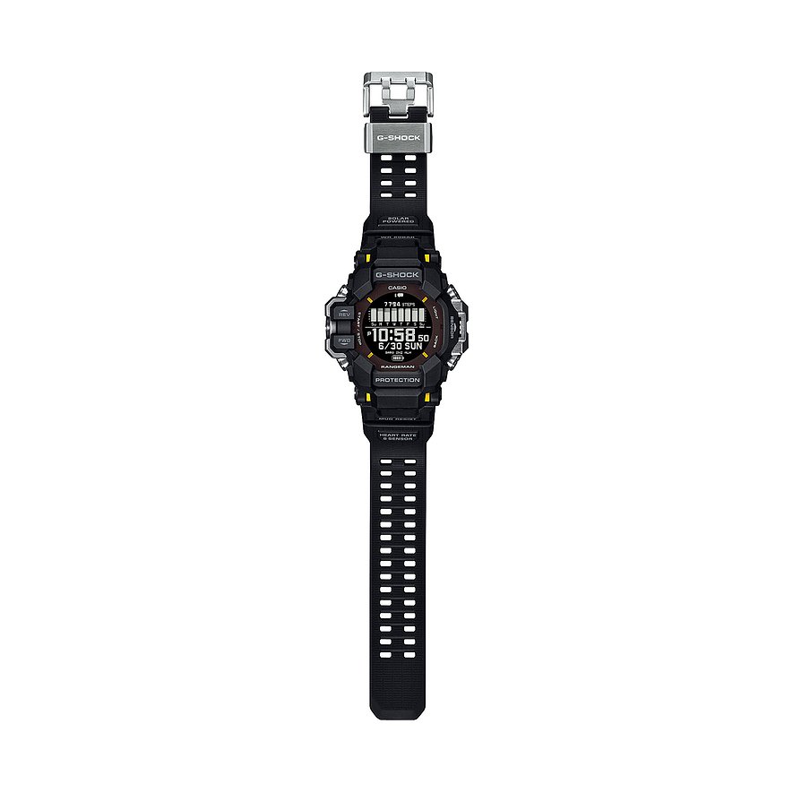 Eine Casio G-Shock Herrenuhr aus Resin in Schwarz mit digitaler Anzeige, von vorne aufgenommen.