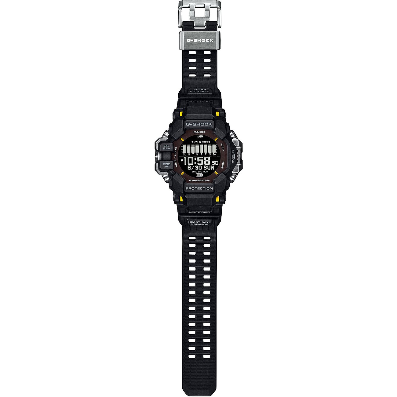 Eine Casio G-Shock Herrenuhr aus Resin in Schwarz mit digitaler Anzeige, von vorne aufgenommen.