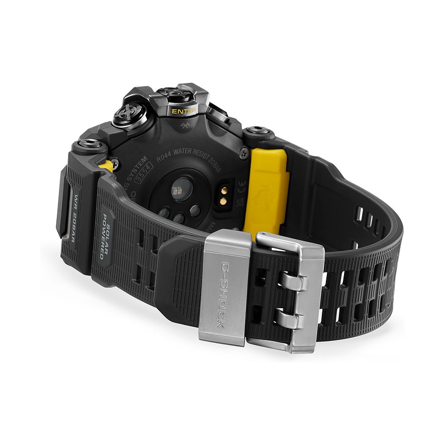 Rückansicht der Casio Herrenuhr aus Resin, die gelbe Akzente und ein schwarzes Band mit silberner Schnalle zeigt.