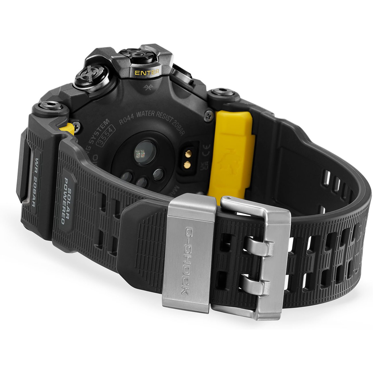 Rückansicht der Casio Herrenuhr aus Resin, die gelbe Akzente und ein schwarzes Band mit silberner Schnalle zeigt.