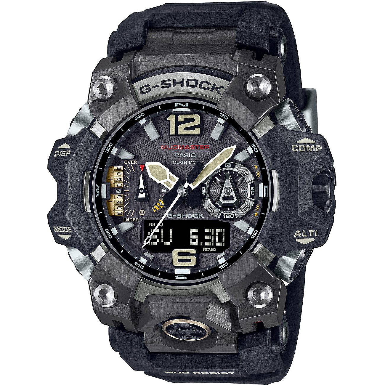 Casio G-Shock Herrenuhr aus Resin, dunkles Zifferblatt mit sowohl analoger als auch digitaler Zeitanzeige.