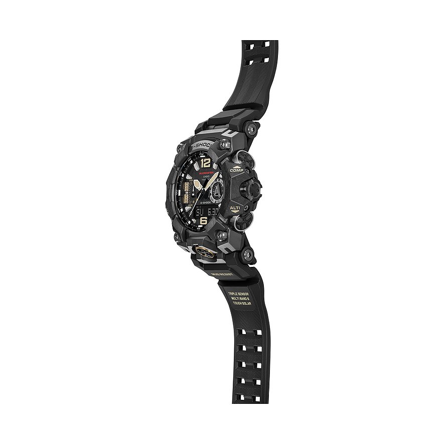 Casio Herrenuhr, schräg von links oben fotografiert. Das digitale Zifferblatt in schwarz zeigt 6:30.