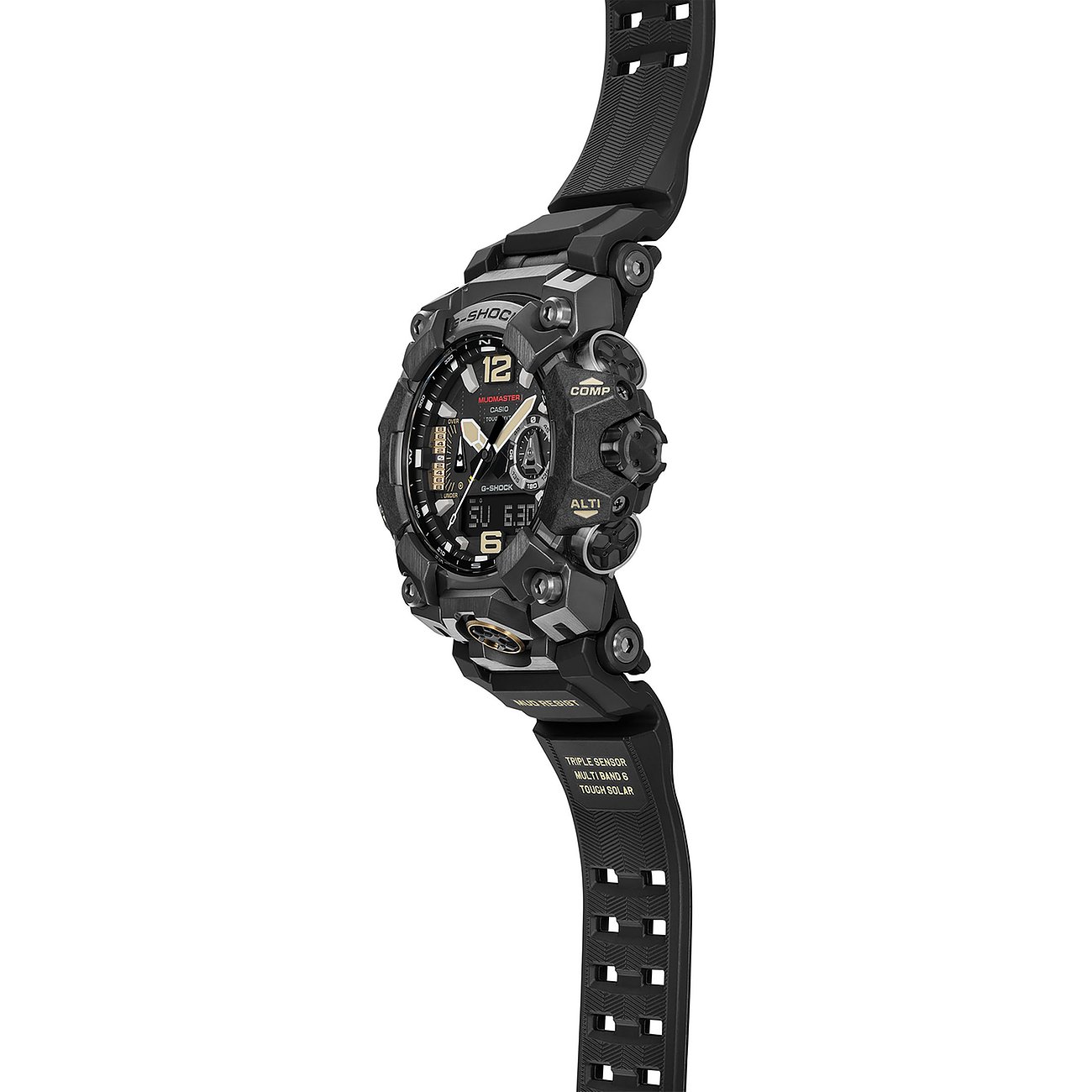 Casio Herrenuhr, schräg von links oben fotografiert. Das digitale Zifferblatt in schwarz zeigt 6:30.