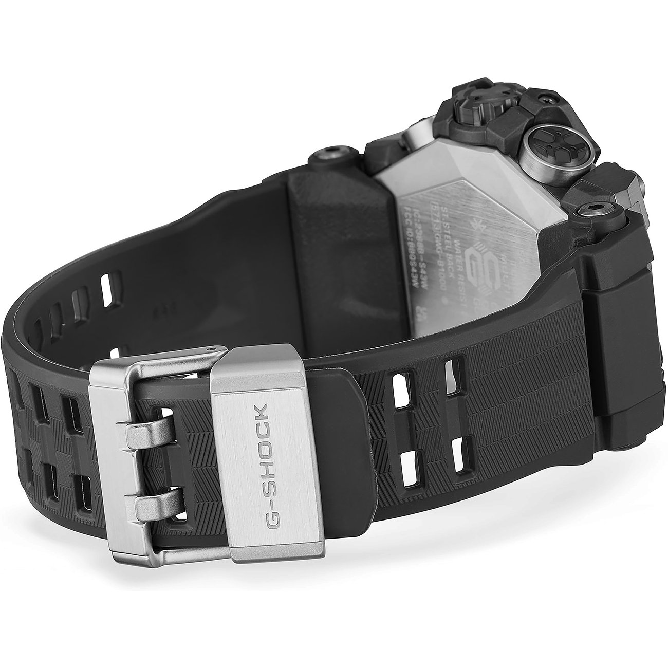 Die Rückseite einer robusten Casio Herrenuhr aus Resin, mit dem G-SHOCK Schriftzug auf der Schließe.
