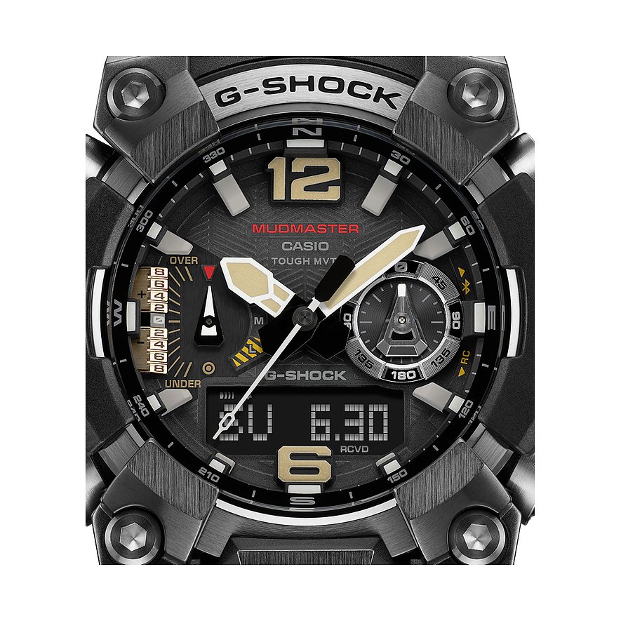Nahaufnahme des Zifferblatts einer Casio Mudmaster Herrenuhr aus Resin, mit goldenen Akzenten und schwarzen Details.