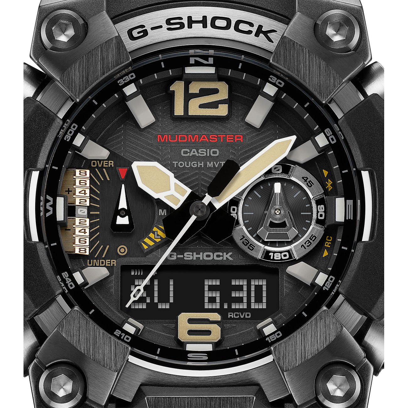 Nahaufnahme des Zifferblatts einer Casio Mudmaster Herrenuhr aus Resin, mit goldenen Akzenten und schwarzen Details.