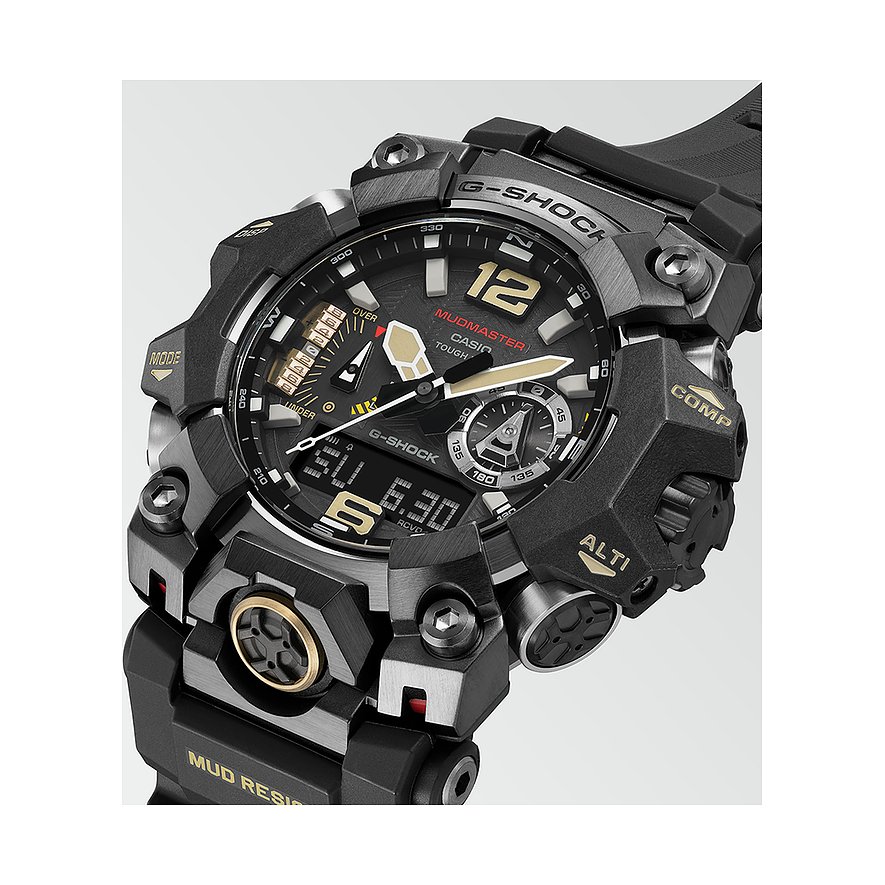 Nahaufnahme einer Casio Herrenuhr im Resin-Gehäuse, mit analoger und digitaler Anzeige, rechts im Bild.