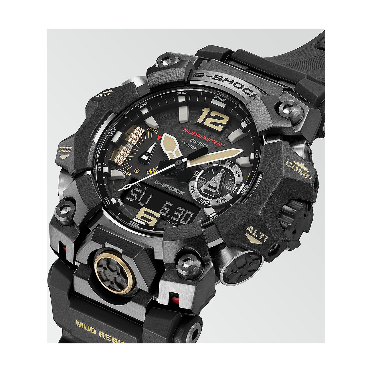 Nahaufnahme einer Casio Herrenuhr im Resin-Gehäuse, mit analoger und digitaler Anzeige, rechts im Bild.