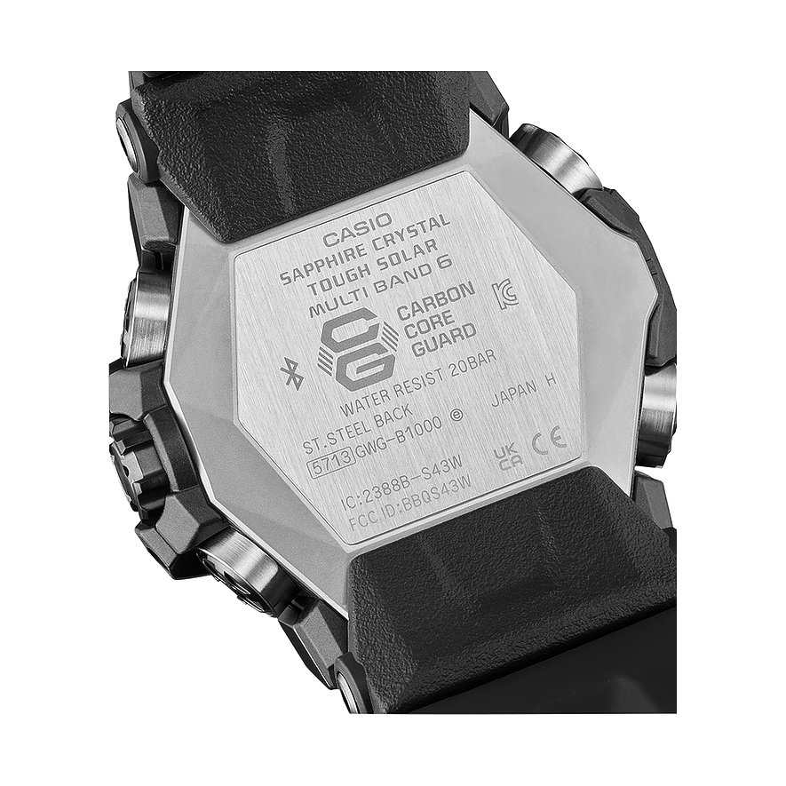 Die Rückseite einer Casio Herrenuhr aus Resin, mit verschiedenen Gravuren und dem ST.STEEL BACK-Schriftzug.