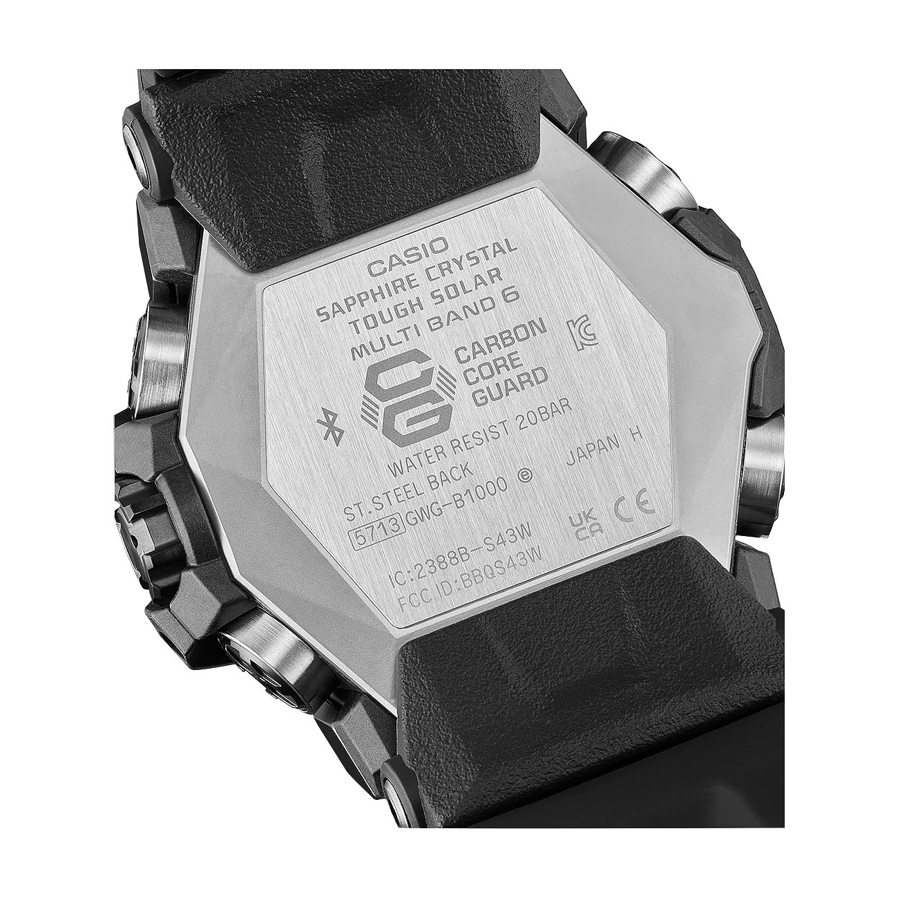 Die Rückseite einer Casio Herrenuhr aus Resin, mit verschiedenen Gravuren und dem ST.STEEL BACK-Schriftzug.