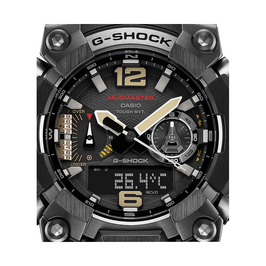Nahaufnahme des Zifferblatts einer Casio G-Shock MUDMASTER Herrenuhr aus Resin, die verschiedene Anzeigen zeigt.