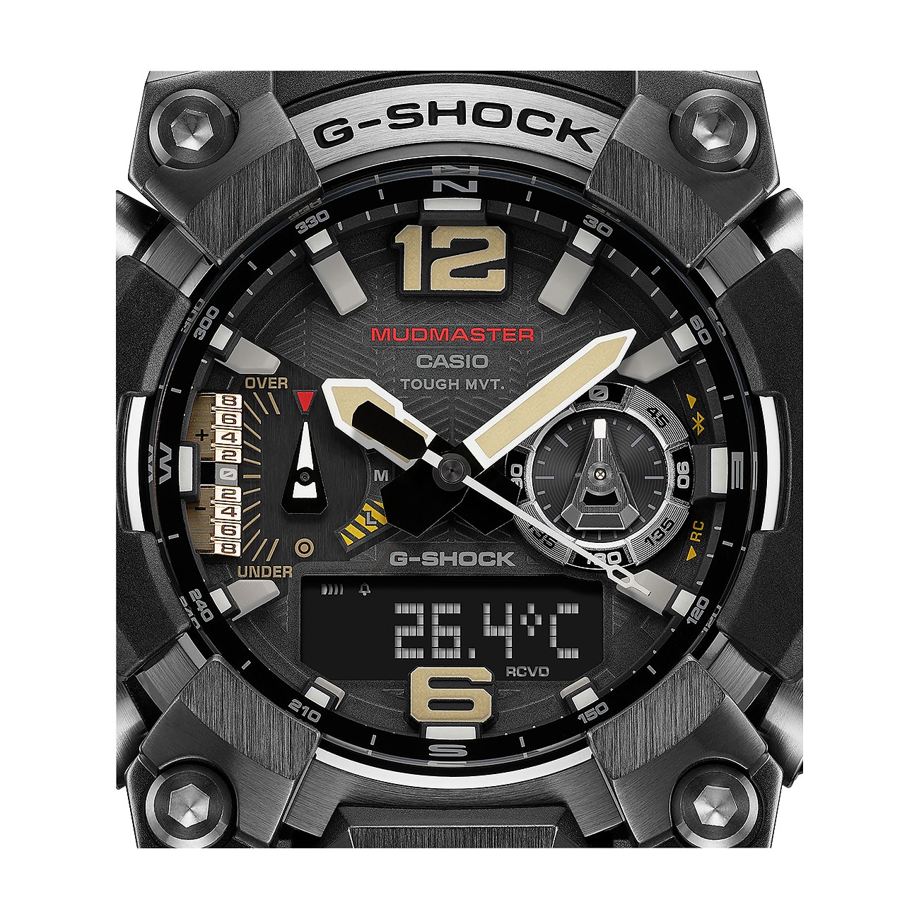Nahaufnahme des Zifferblatts einer Casio G-Shock MUDMASTER Herrenuhr aus Resin, die verschiedene Anzeigen zeigt.