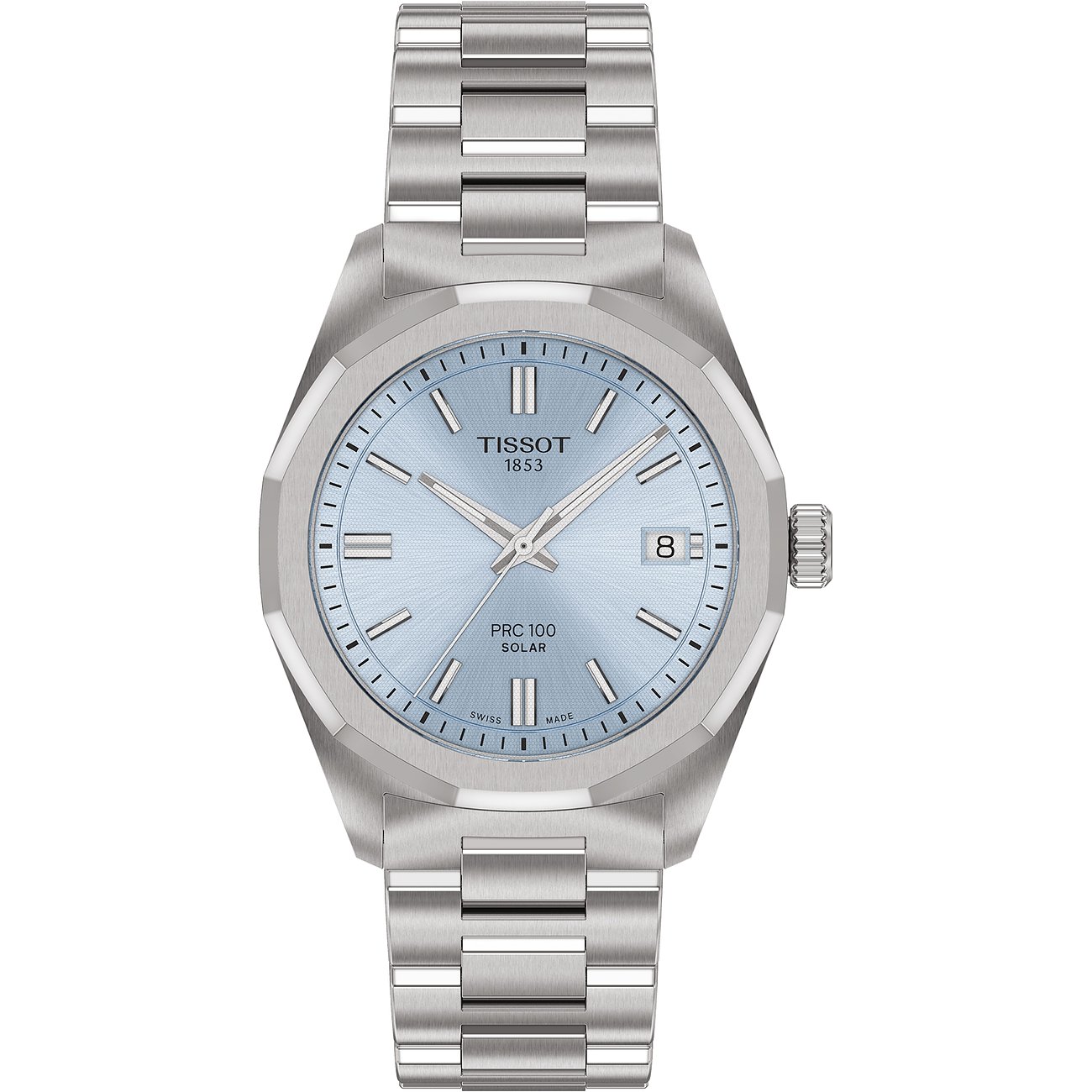 Tissot Unisexuhr aus Edelstahl mit hellem, eisblauem Zifferblatt und silberfarbenen Zeigern und Indexen.