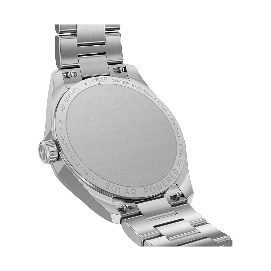 Rückansicht einer Tissot Unisexuhr aus Edelstahl, detailreich mit eingravierten Schriftzügen zum Material und Features.