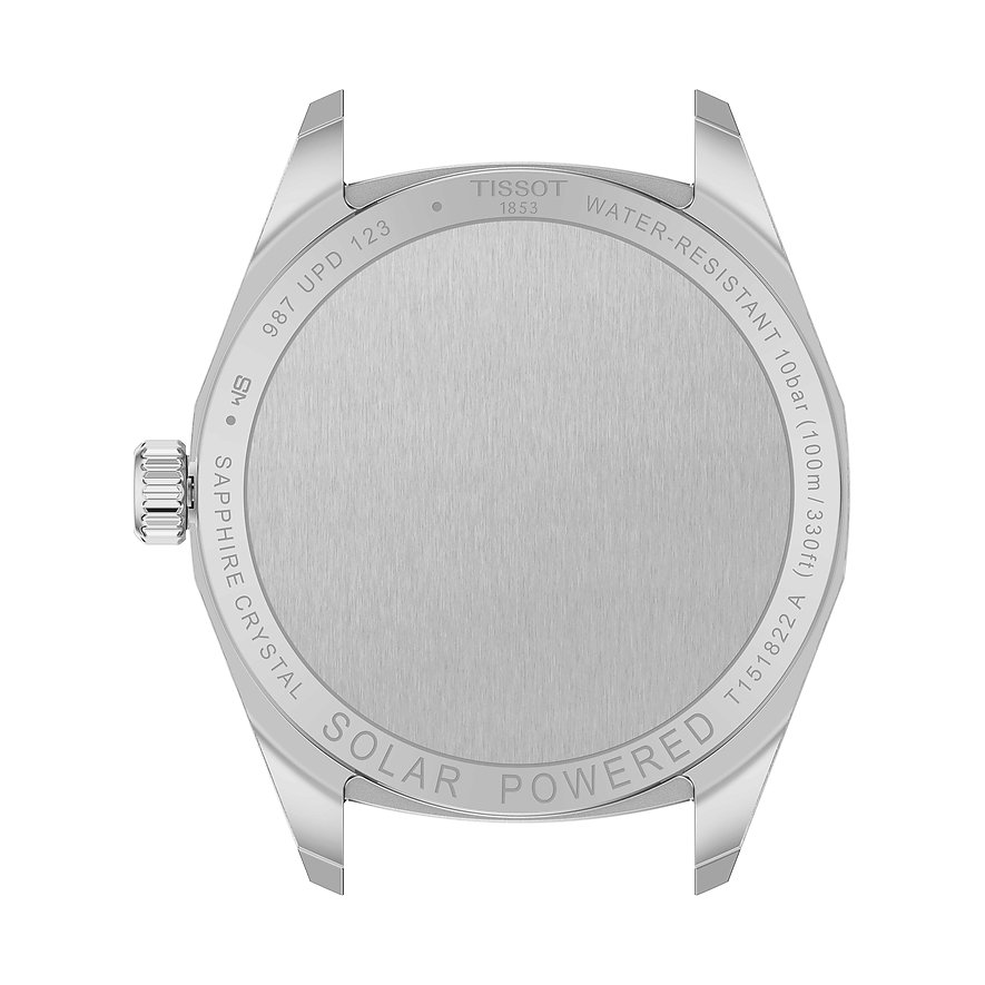 Rückseite einer Tissot Unisexuhr aus Edelstahl mit kreisförmiger Beschriftung und Krone an der Seite.