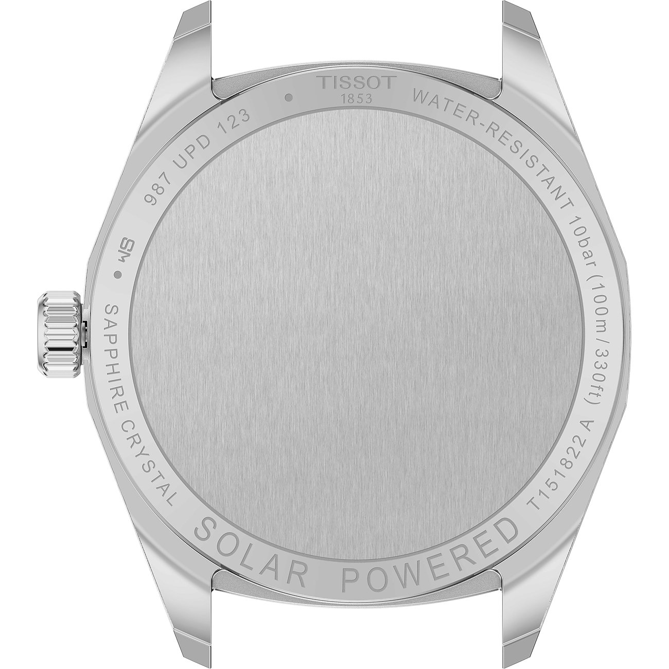Rückseite einer Tissot Unisexuhr aus Edelstahl mit kreisförmiger Beschriftung und Krone an der Seite.
