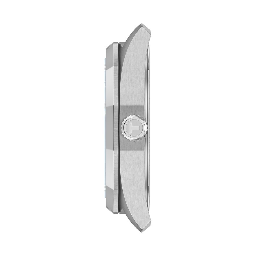 Seitenansicht der Tissot Unisexuhr aus Edelstahl mit Kronendetail, auf der die Markeninitiale zu sehen ist.