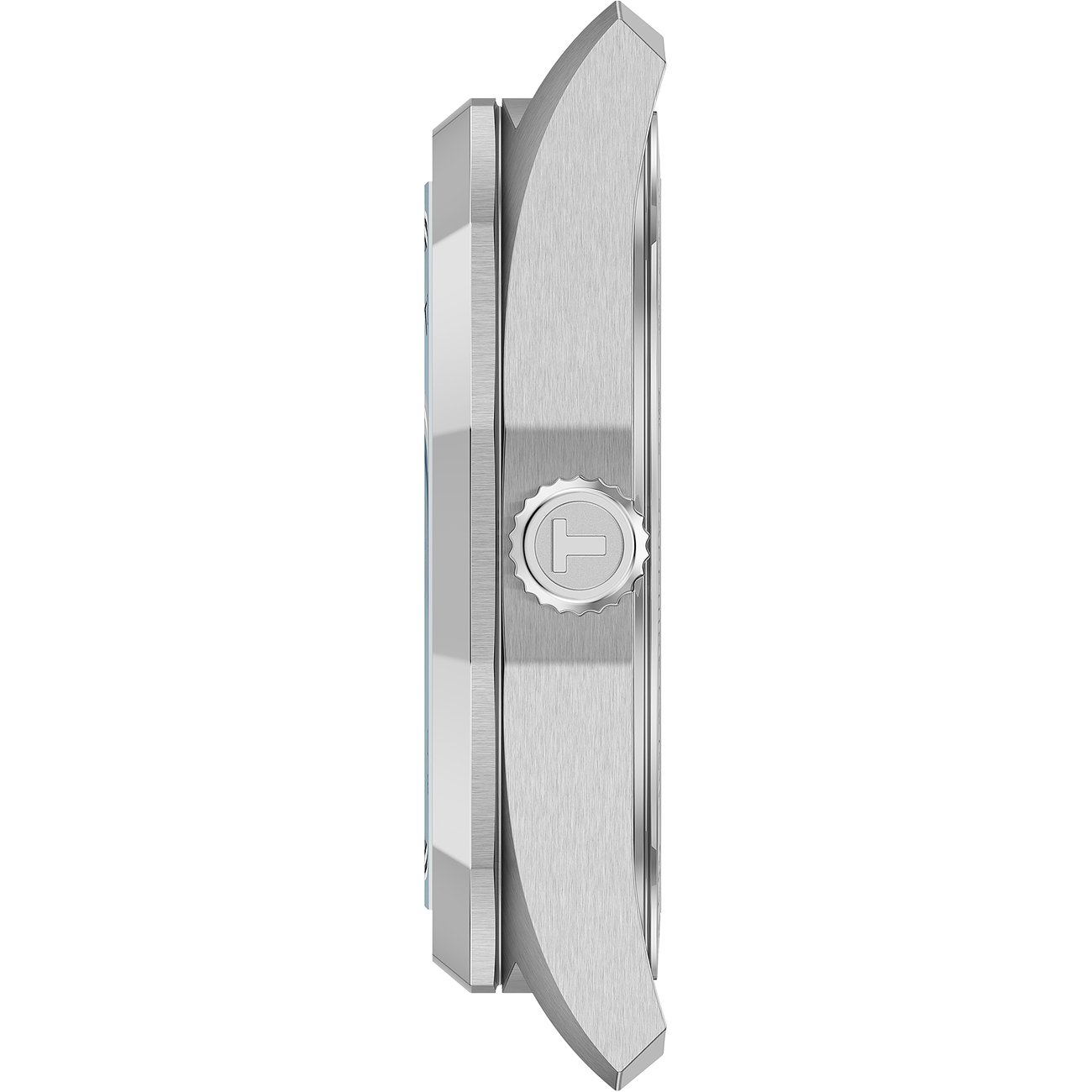 Seitenansicht der Tissot Unisexuhr aus Edelstahl mit Kronendetail, auf der die Markeninitiale zu sehen ist.