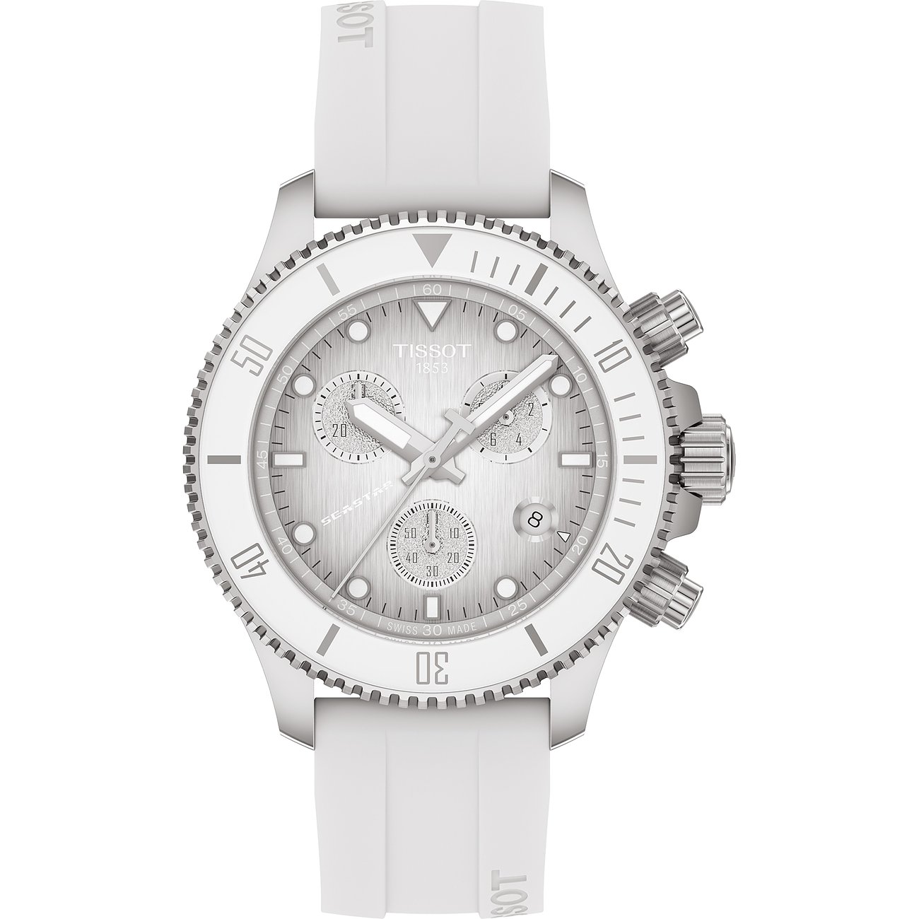 Tissot Unisexuhr aus Edelstahl mit weißem Zifferblatt und weißem Kautschukarmband, von oben betrachtet.