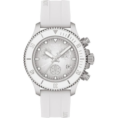 Tissot Unisexuhr aus Edelstahl mit weißem Zifferblatt und weißem Kautschukarmband, von oben betrachtet.