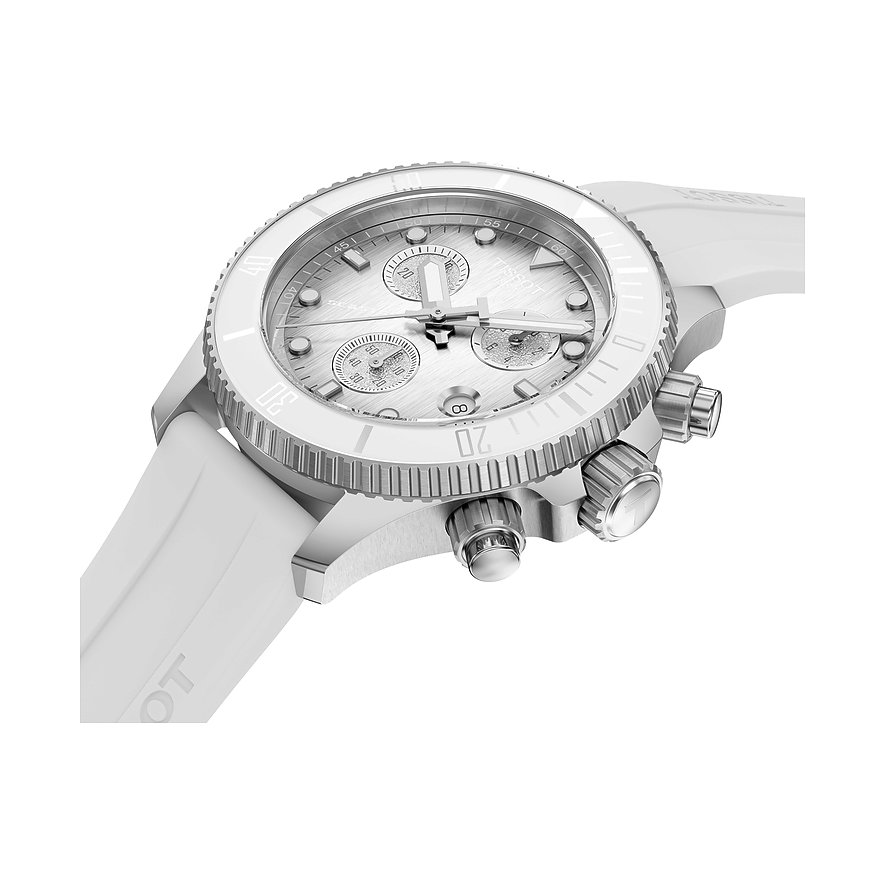 Nahaufnahme einer Tissot Unisexuhr aus Edelstahl, schräg von oben mit weißem Zifferblatt und weißem Band.