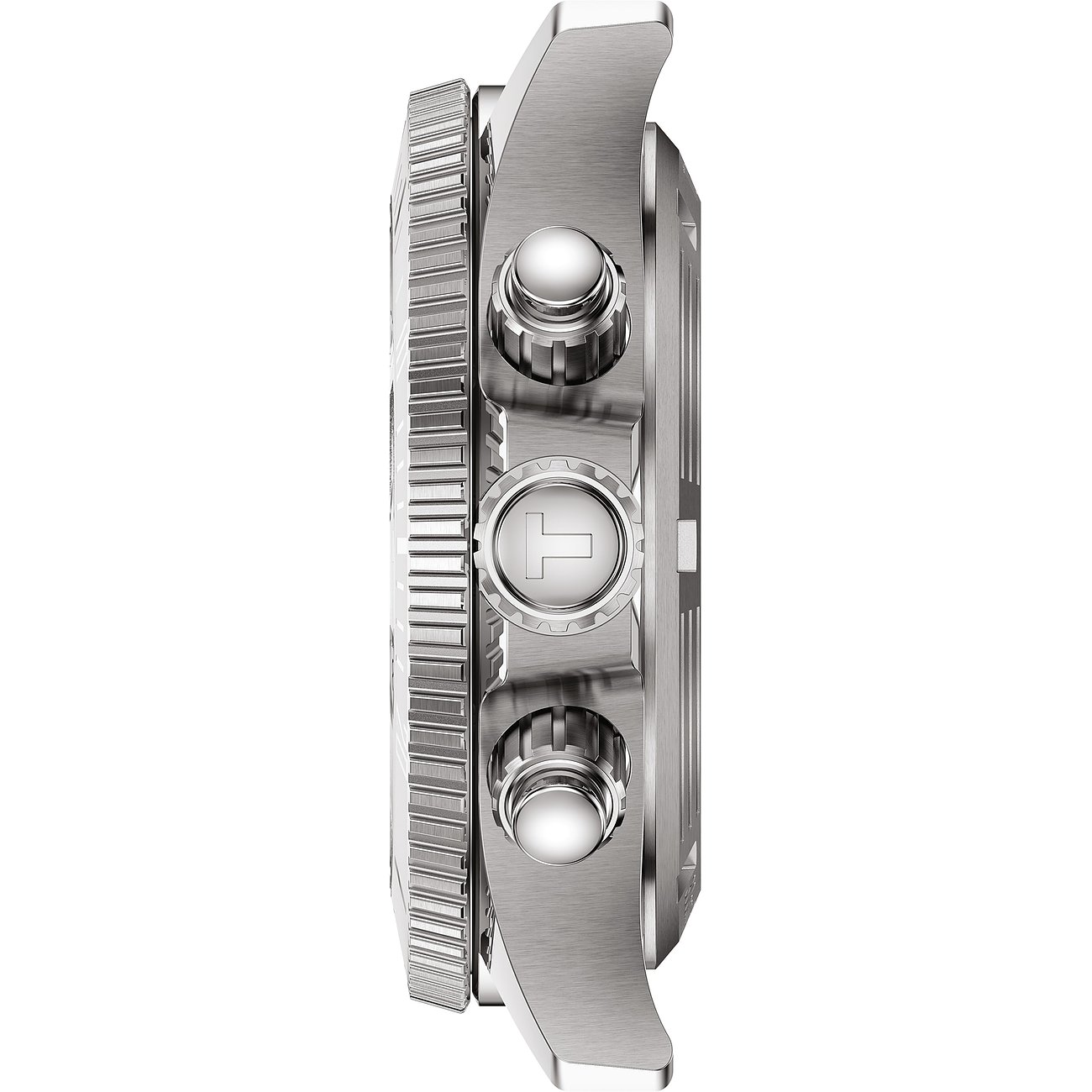 Seitenansicht der Tissot Unisexuhr aus Edelstahl mit geriffelter Lünette und Chronographenknöpfen.