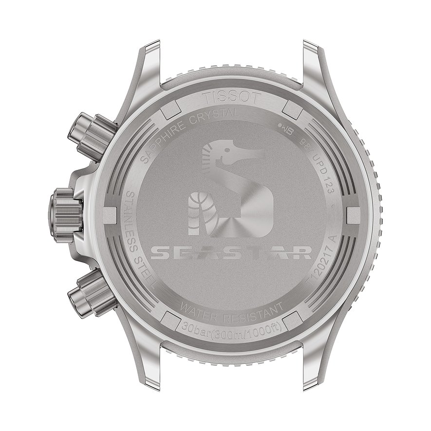 Rückseite einer Tissot Unisexuhr aus Edelstahl mit eingraviertem Seepferdchen-Logo und 