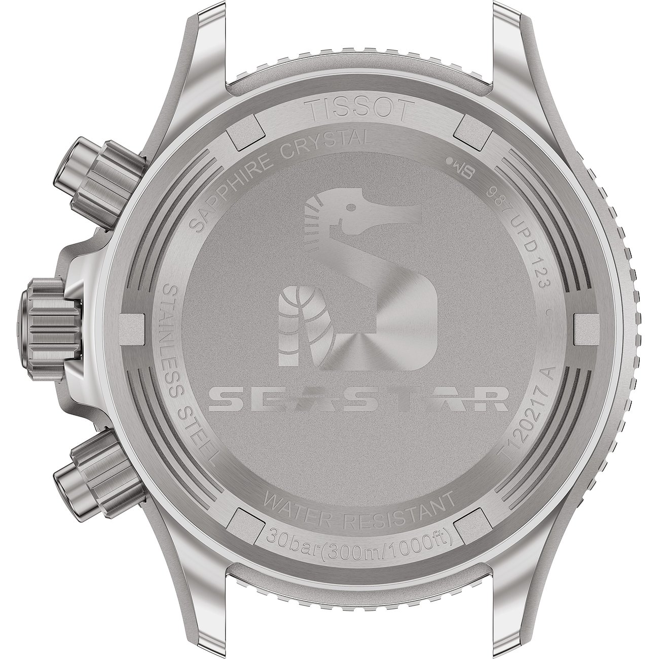 Rückseite einer Tissot Unisexuhr aus Edelstahl mit eingraviertem Seepferdchen-Logo und 