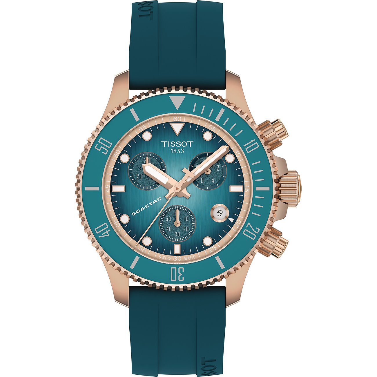 Tissot Unisexuhr aus roségoldfarbenem Edelstahl. Die Uhr hat ein tiefblaues Zifferblatt und ein dunkelblaues Band.