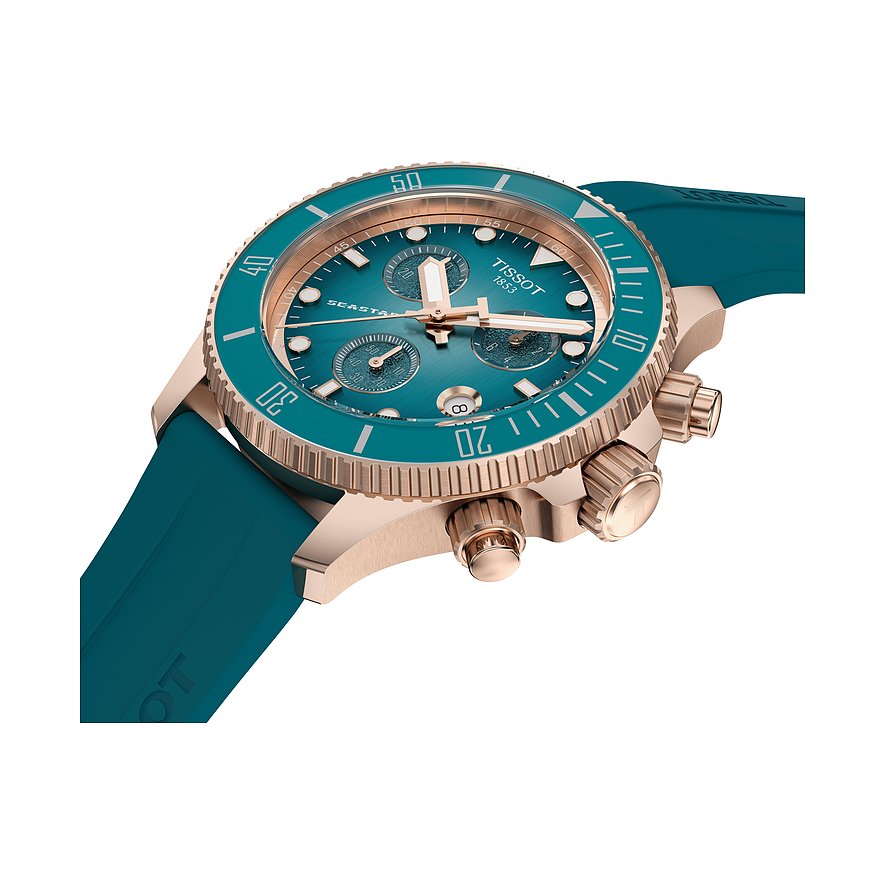 Nahaufnahme einer Tissot Unisexuhr aus roségoldfarbenem Edelstahl mit türkisfarbenem Zifferblatt und türkisfarbenem Armband.