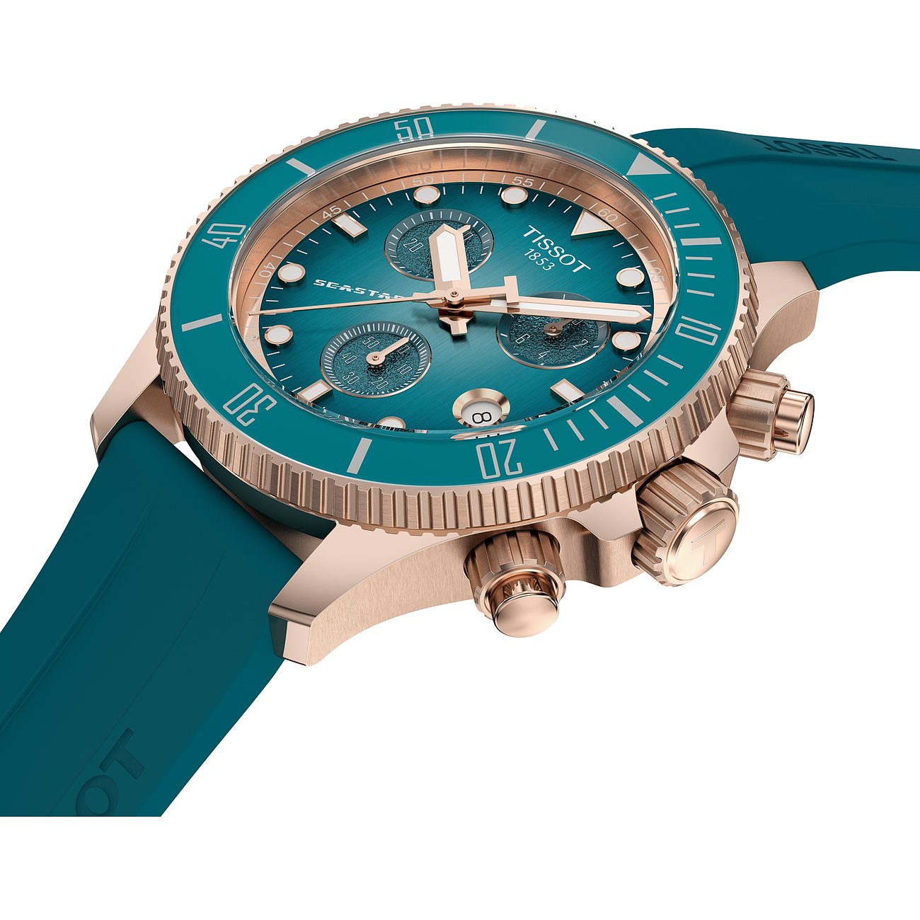 Nahaufnahme einer Tissot Unisexuhr aus roségoldfarbenem Edelstahl mit türkisfarbenem Zifferblatt und türkisfarbenem Armband.