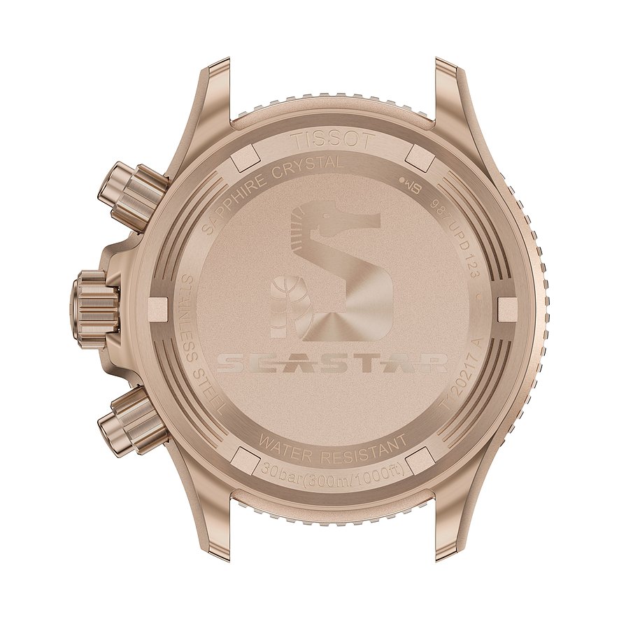 Rückseite einer roségoldfarbenen Tissot Unisex-Uhr aus Edelstahl mit eingraviertem Seepferdchen-Logo und Details.