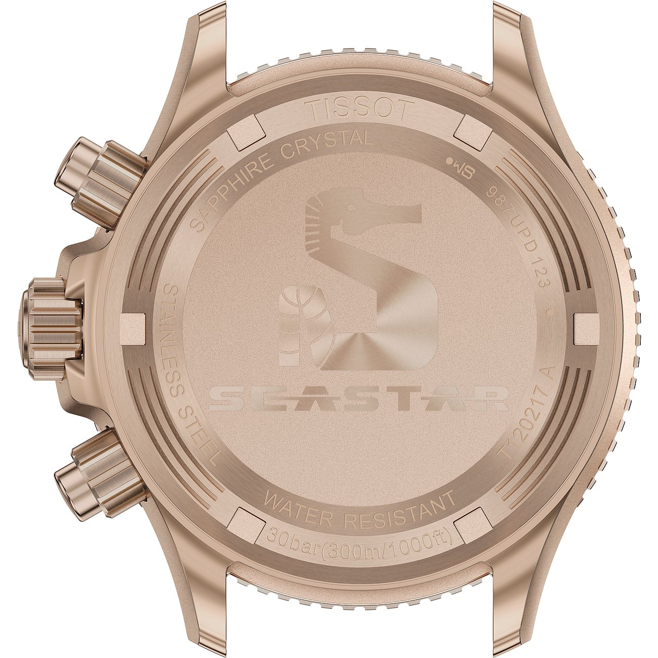 Rückseite einer roségoldfarbenen Tissot Unisex-Uhr aus Edelstahl mit eingraviertem Seepferdchen-Logo und Details.